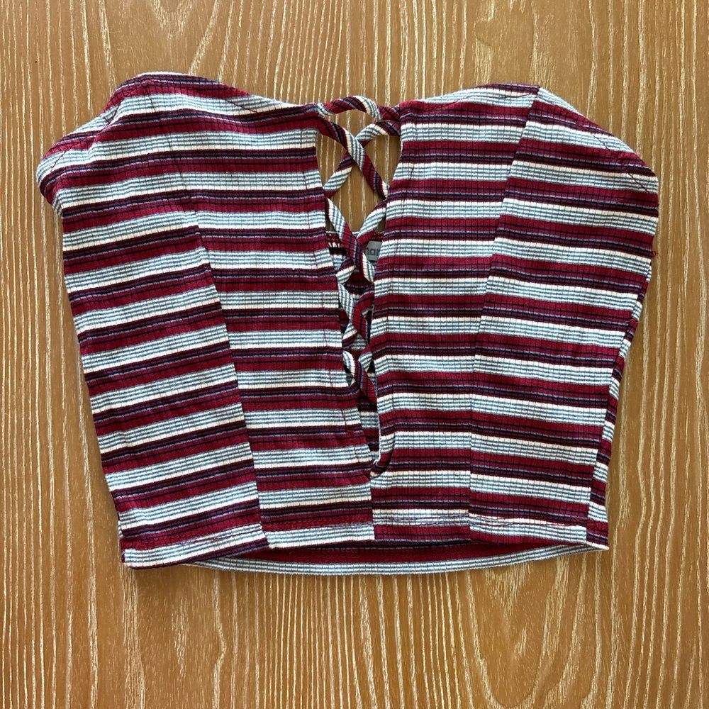 Charlotte Russe Maroon and White Striped Lace-Up Tube Crop Top